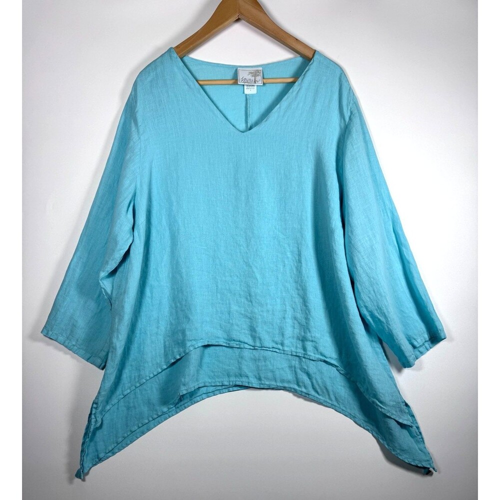 LA Fixsun Linen Blouse Womens Large Blue V Neck Dipped Hem Made in USA Lagenlook